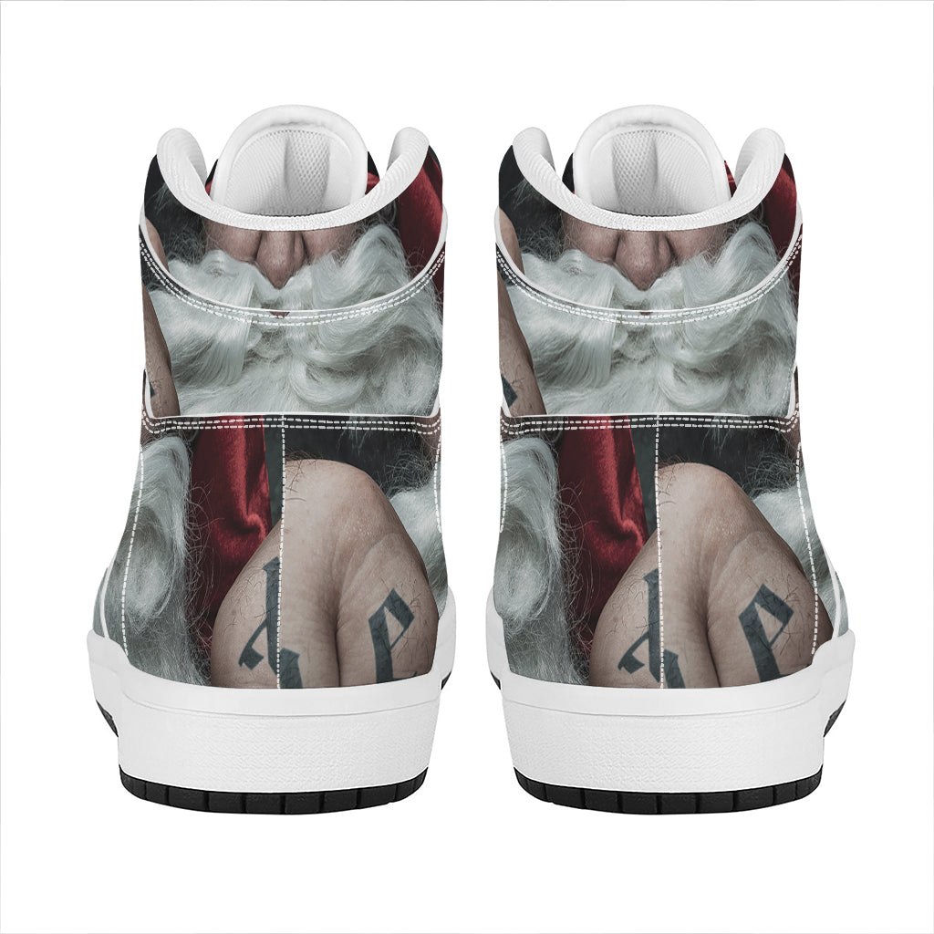 Christmas High Top Leather Sneakers for Men and Women with Santa Claus Print