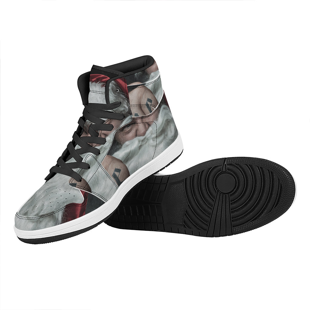 Christmas High Top Leather Sneakers for Men and Women with Santa Claus Print