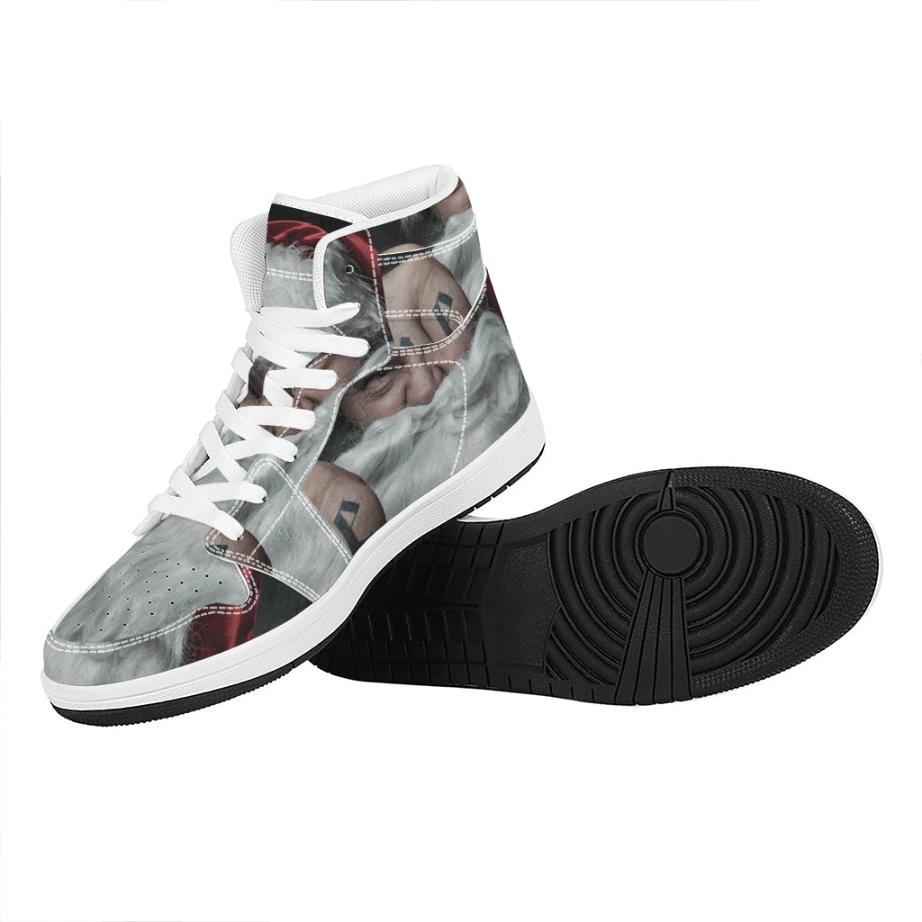 Christmas High Top Leather Sneakers for Men and Women with Santa Claus Print