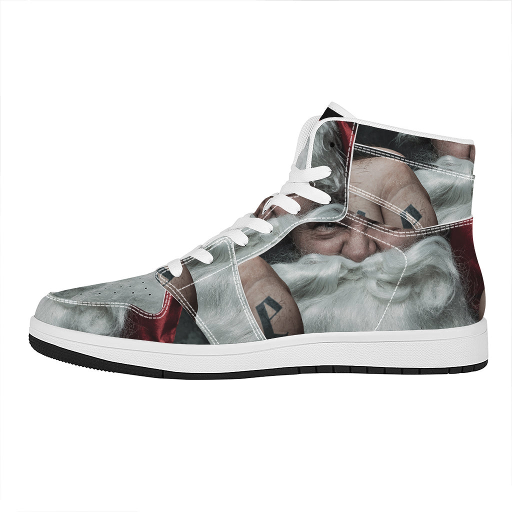 Christmas High Top Leather Sneakers for Men and Women with Santa Claus Print