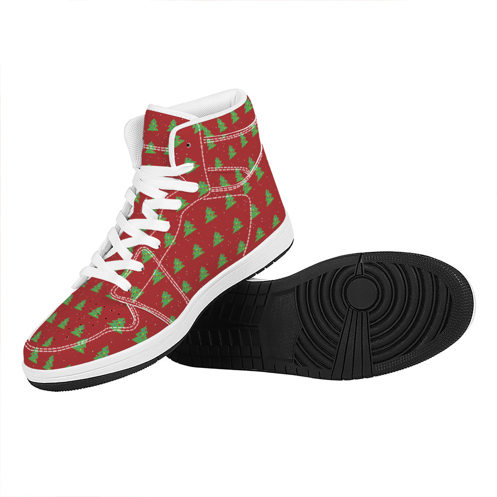 Christmas High Top Leather Sneakers with 8-Bit Pixel Tree Design