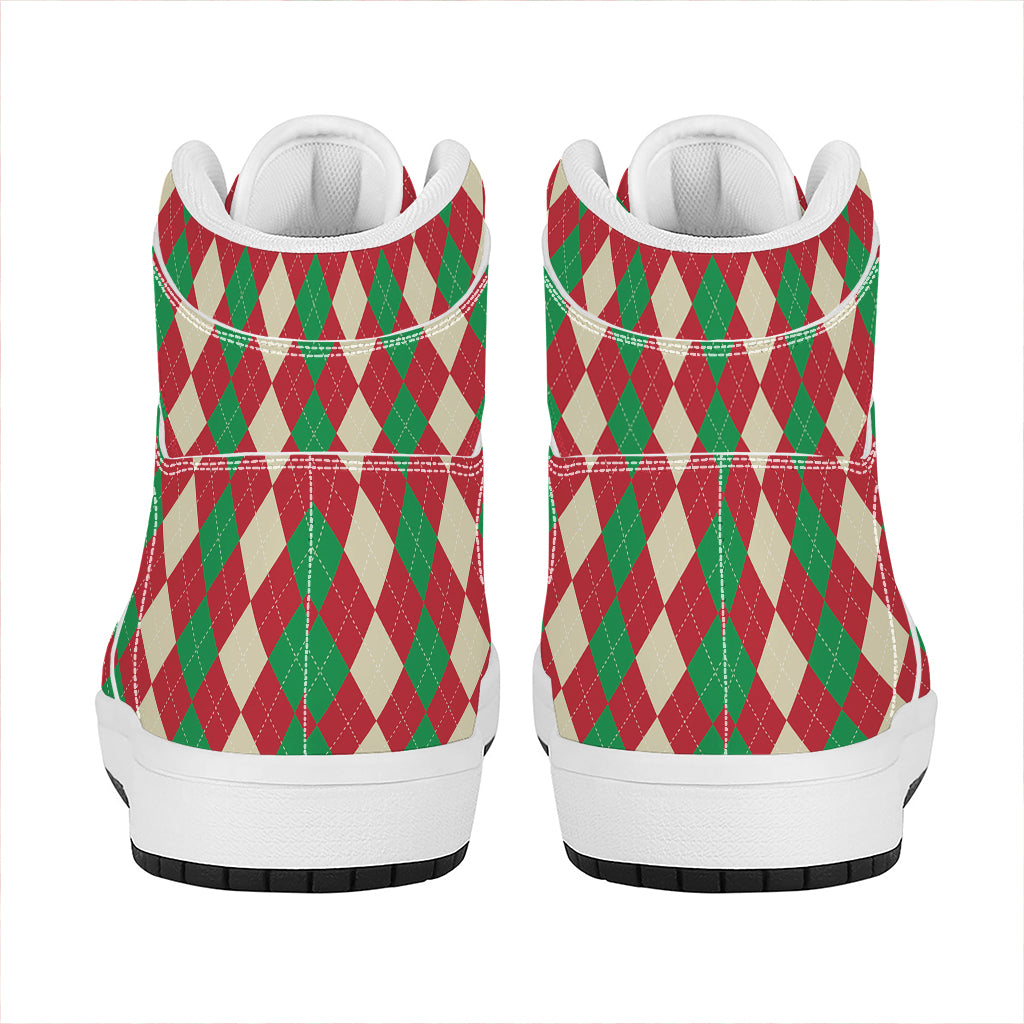 Christmas High Top Leather Sneakers with Argyle Pattern Print