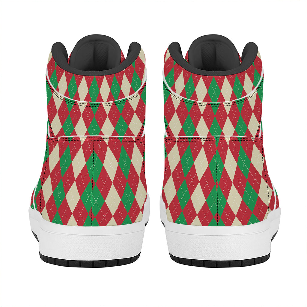 Christmas High Top Leather Sneakers with Argyle Pattern Print