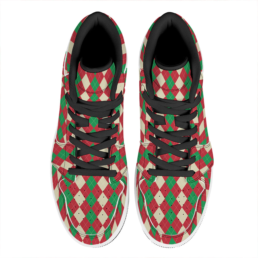 Christmas High Top Leather Sneakers with Argyle Pattern Print