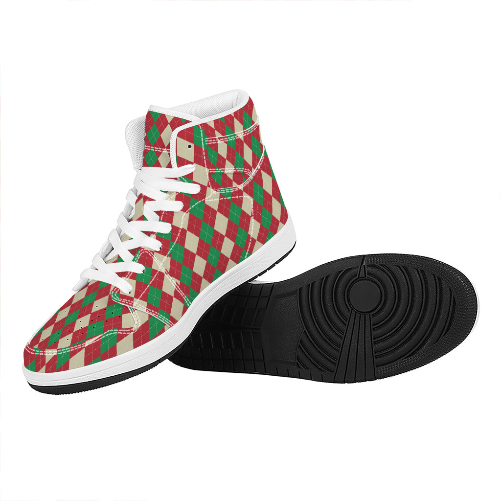 Christmas High Top Leather Sneakers with Argyle Pattern Print