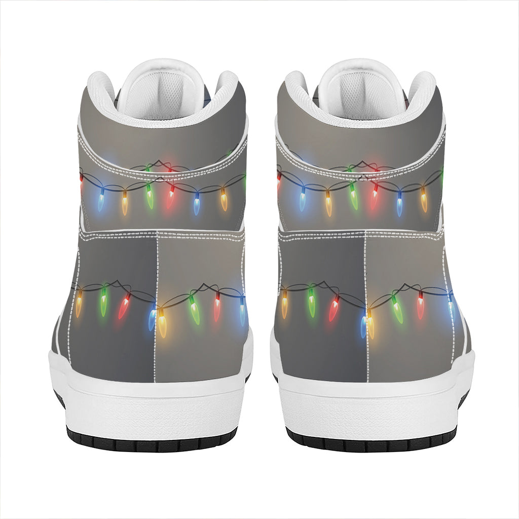 Christmas High Top Leather Sneakers with Colorful String Lights Design