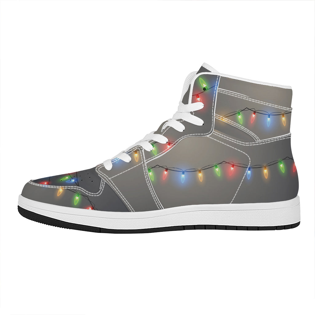 Christmas High Top Leather Sneakers with Colorful String Lights Design