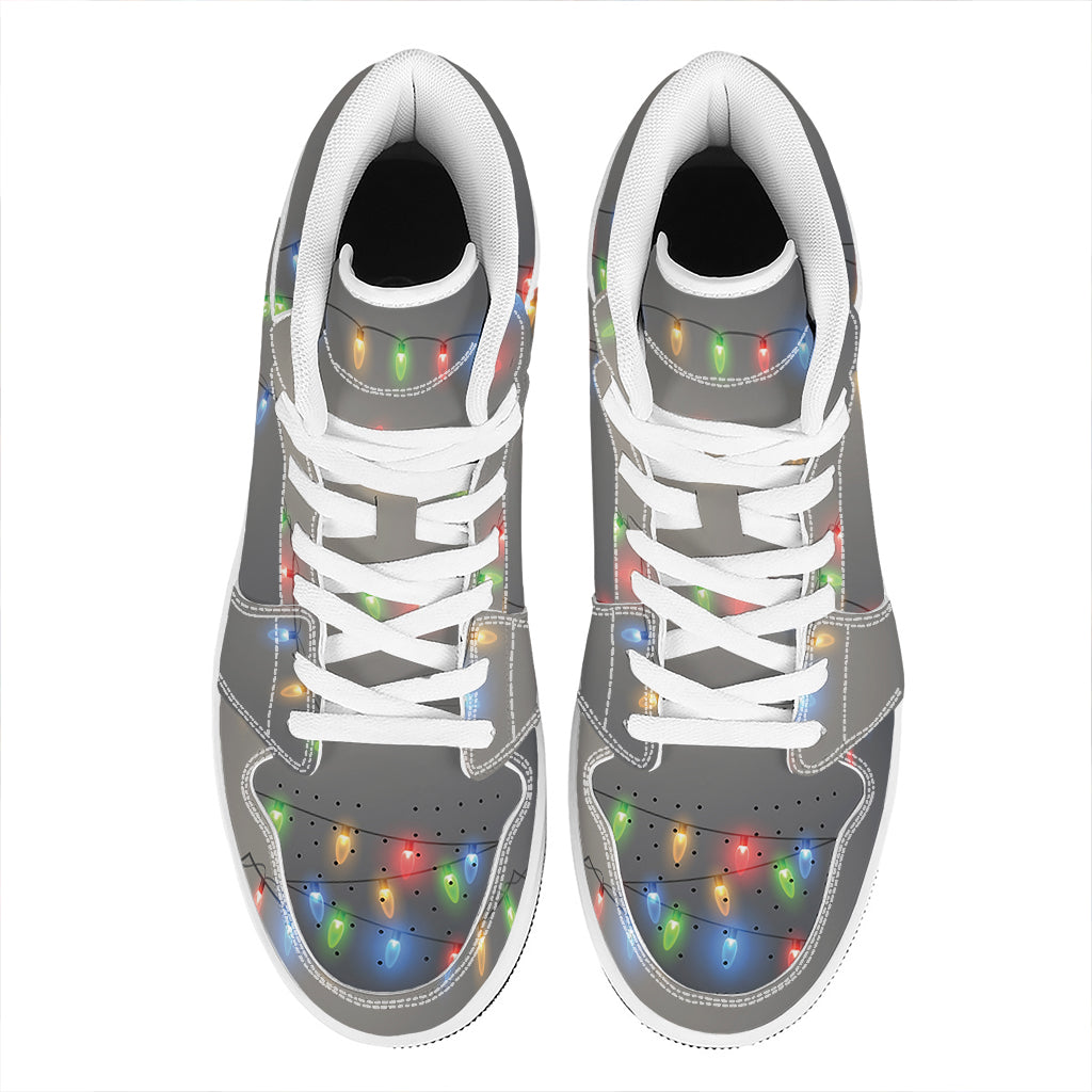 Christmas High Top Leather Sneakers with Colorful String Lights Design