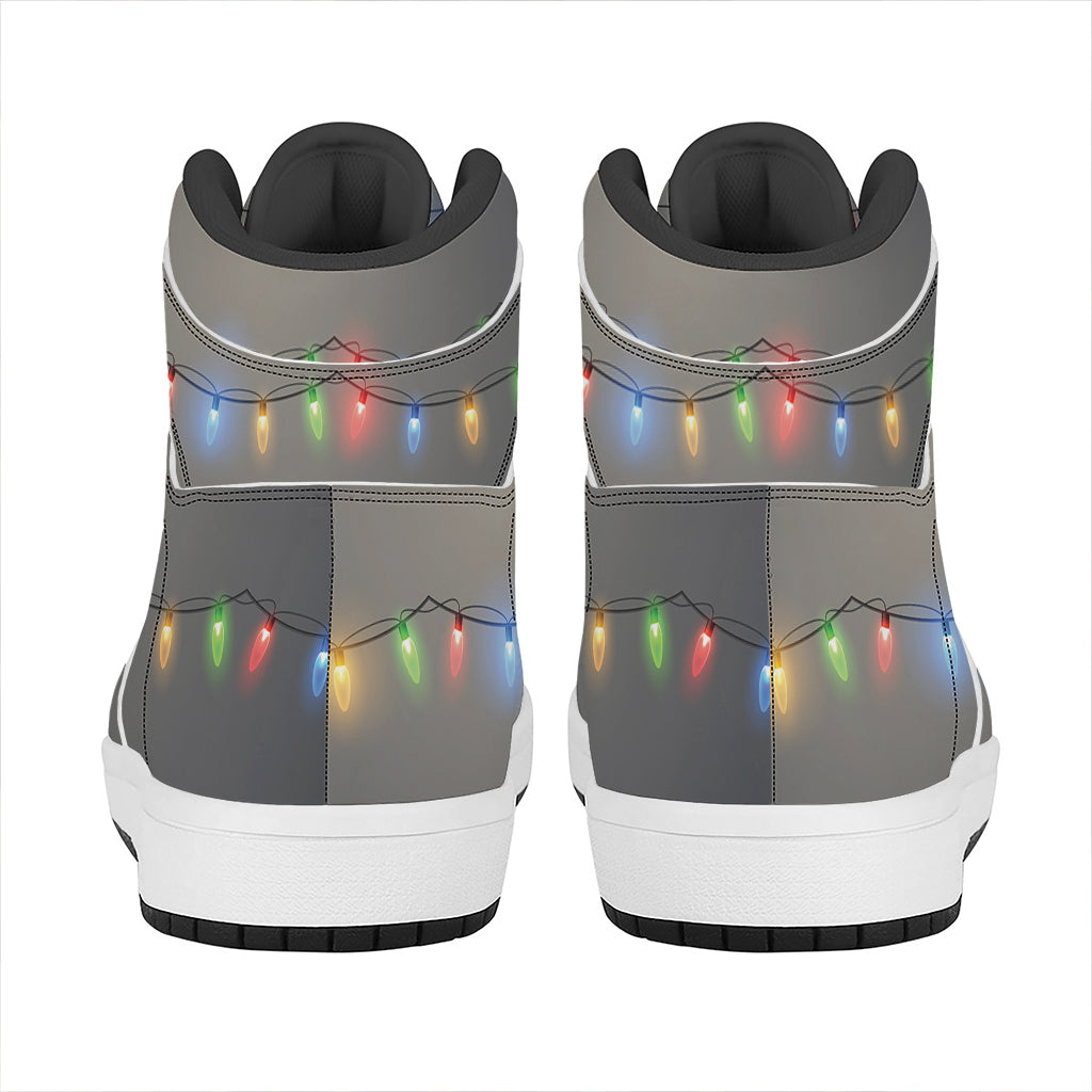 Christmas High Top Leather Sneakers with Colorful String Lights Design