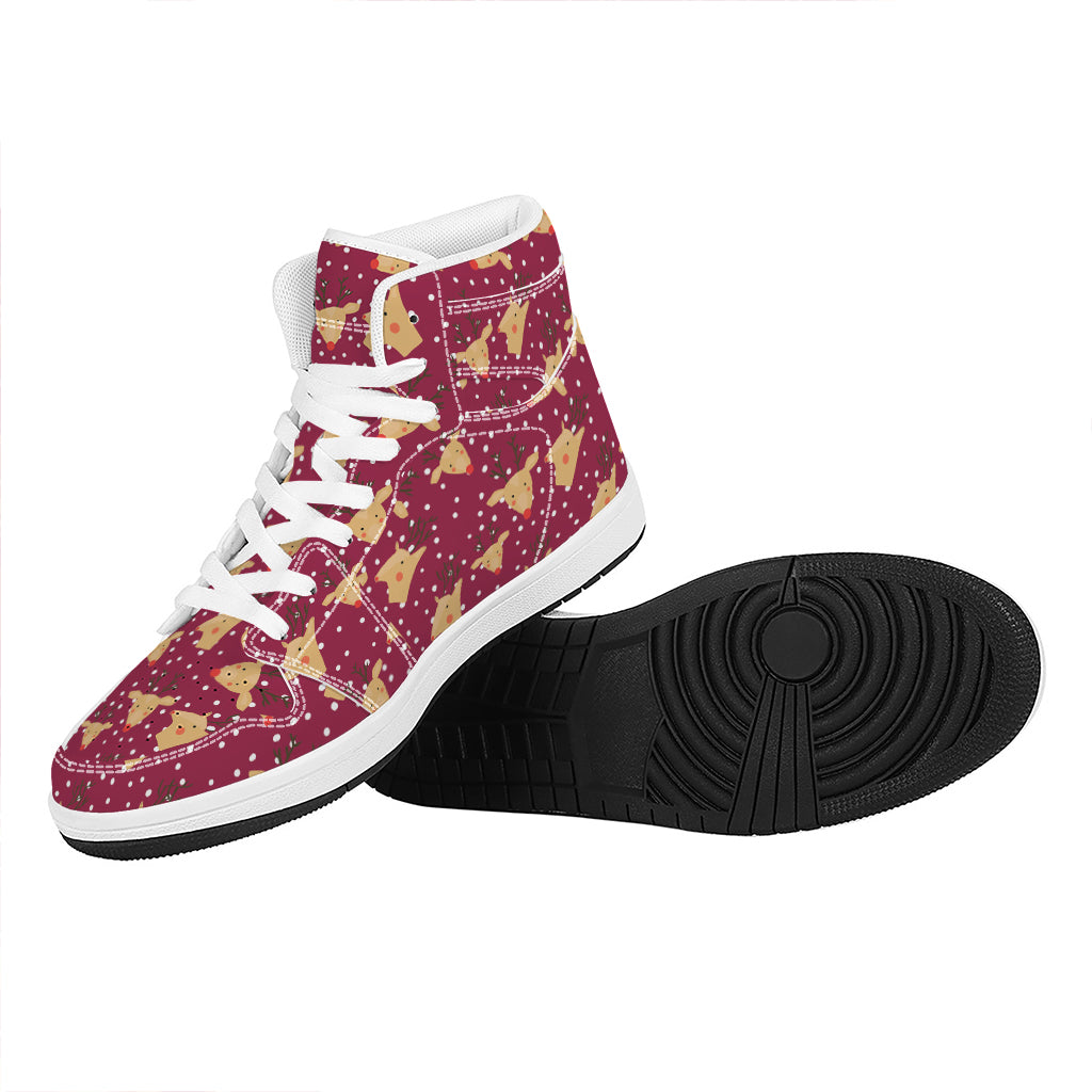 Christmas High Top Leather Sneakers with Deer Pattern Print