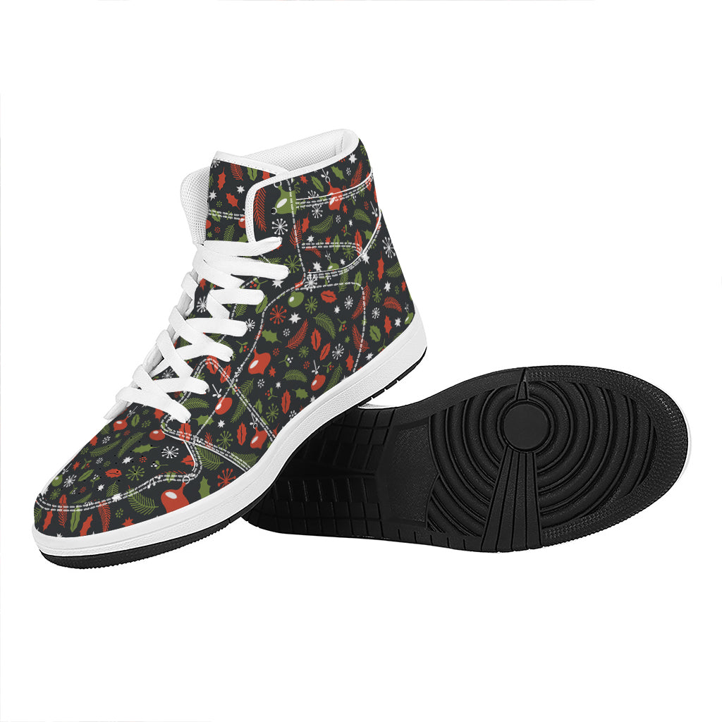 Christmas High Top Leather Sneakers with Festive Decor Pattern