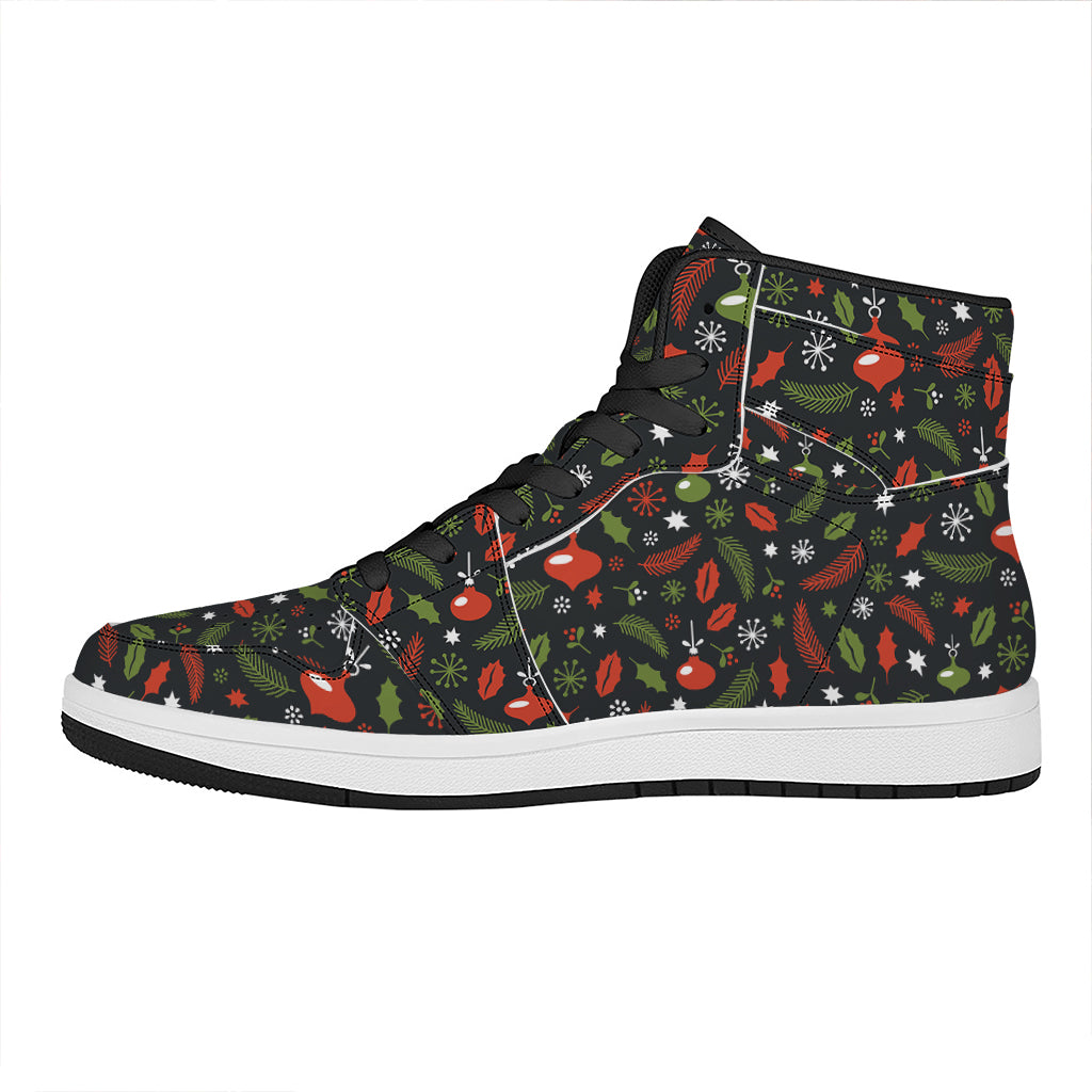 Christmas High Top Leather Sneakers with Festive Decor Pattern