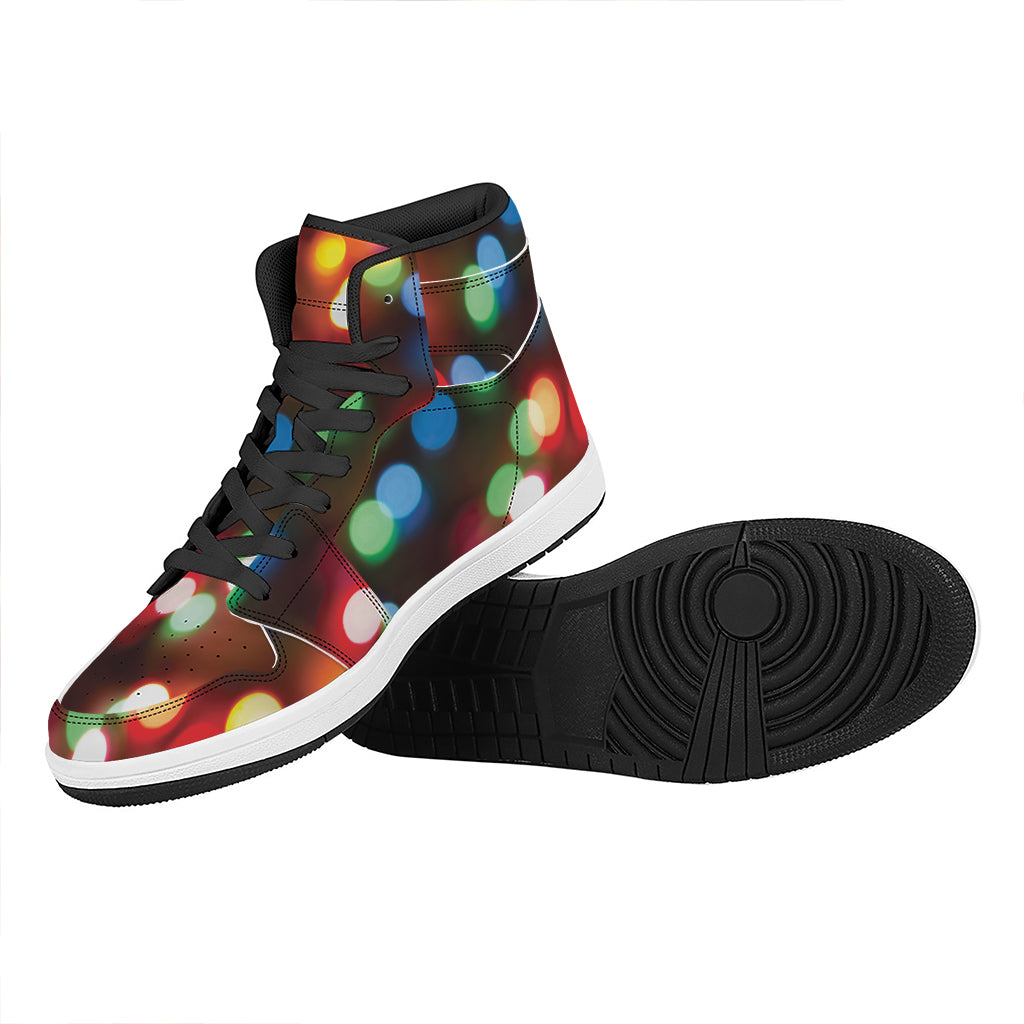 Christmas High Top Leather Sneakers with Festive Lights Print