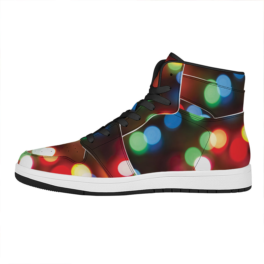 Christmas High Top Leather Sneakers with Festive Lights Print