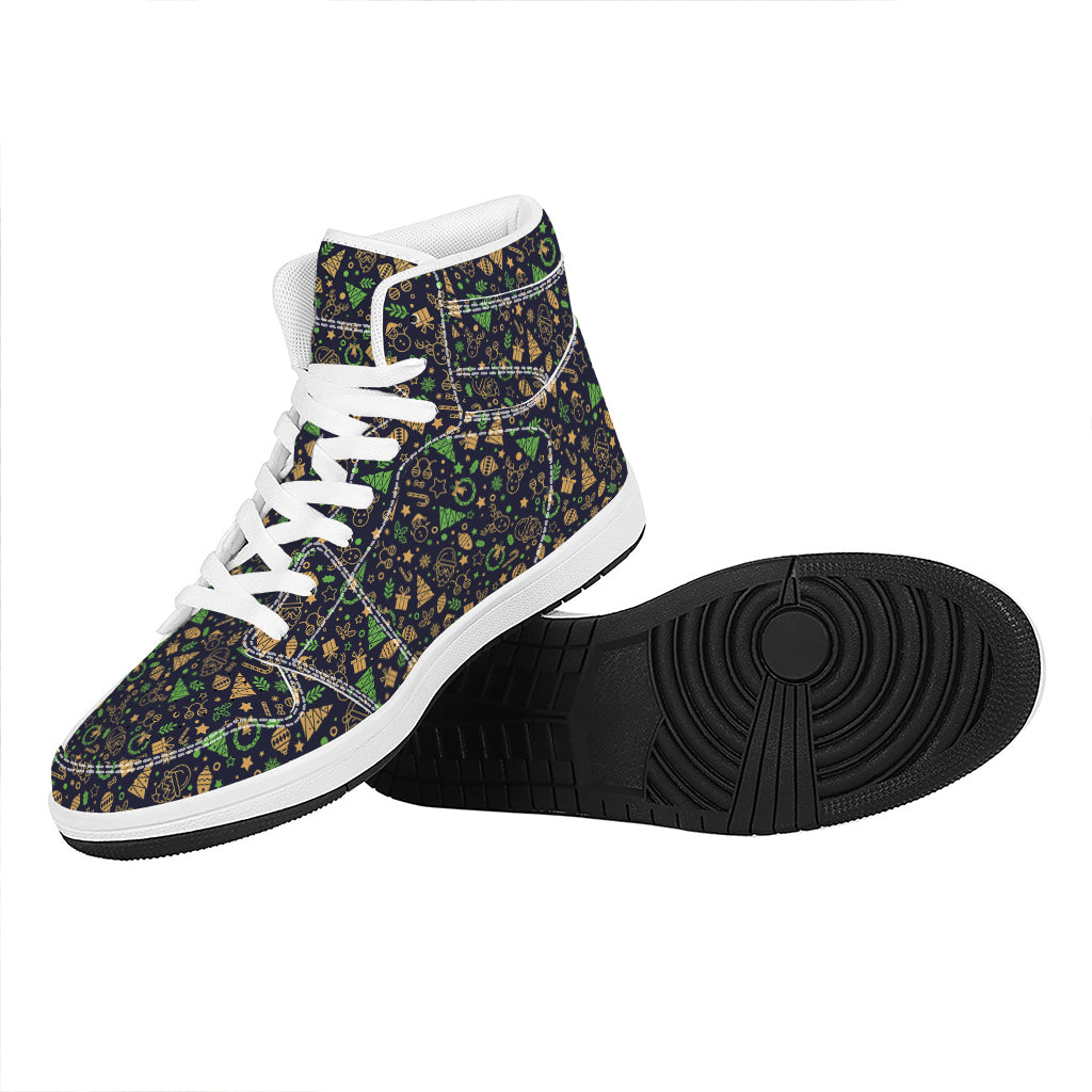 Christmas High Top Leather Sneakers with Festive Party Elements Print