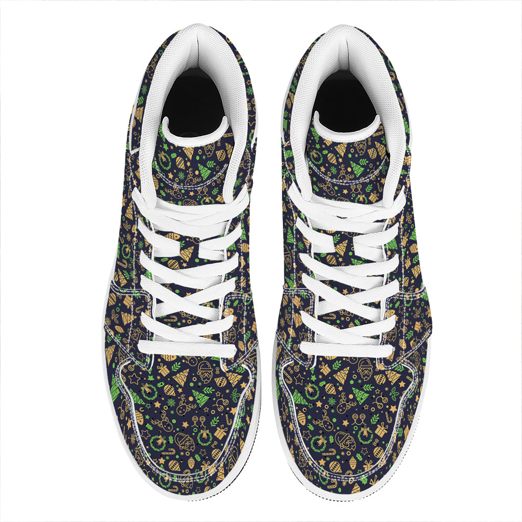 Christmas High Top Leather Sneakers with Festive Party Elements Print