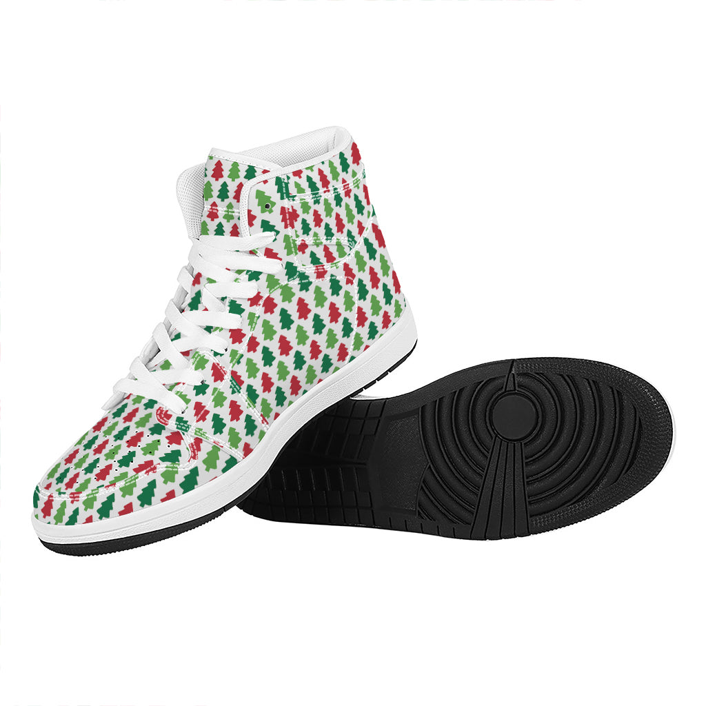 Christmas High Top Leather Sneakers with Festive Tree Print