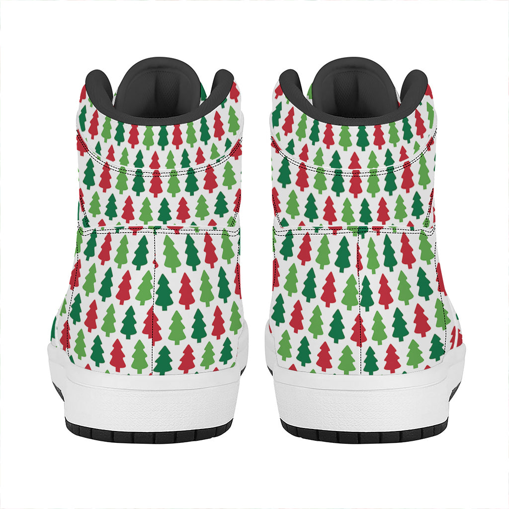 Christmas High Top Leather Sneakers with Festive Tree Print