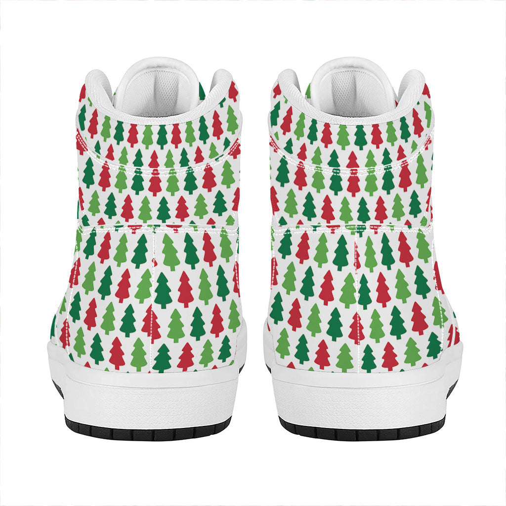 Christmas High Top Leather Sneakers with Festive Tree Print