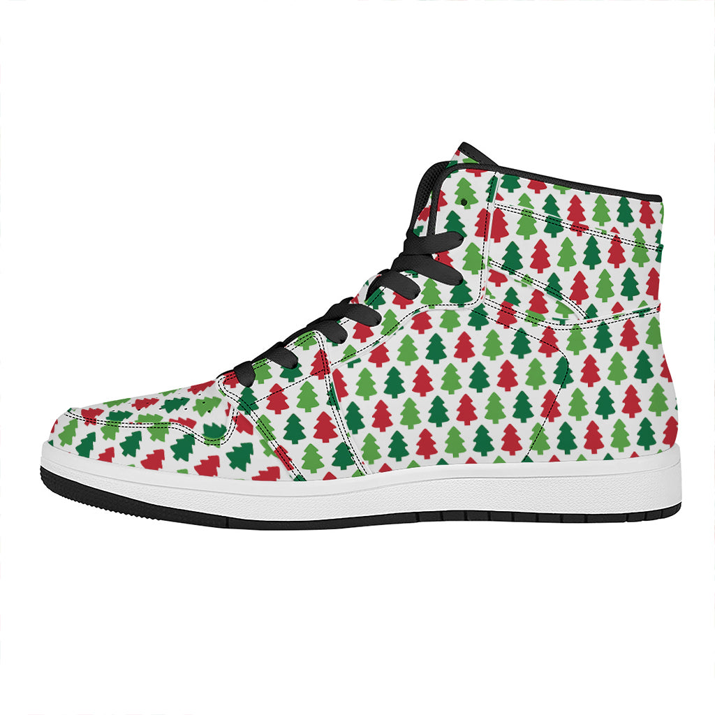 Christmas High Top Leather Sneakers with Festive Tree Print