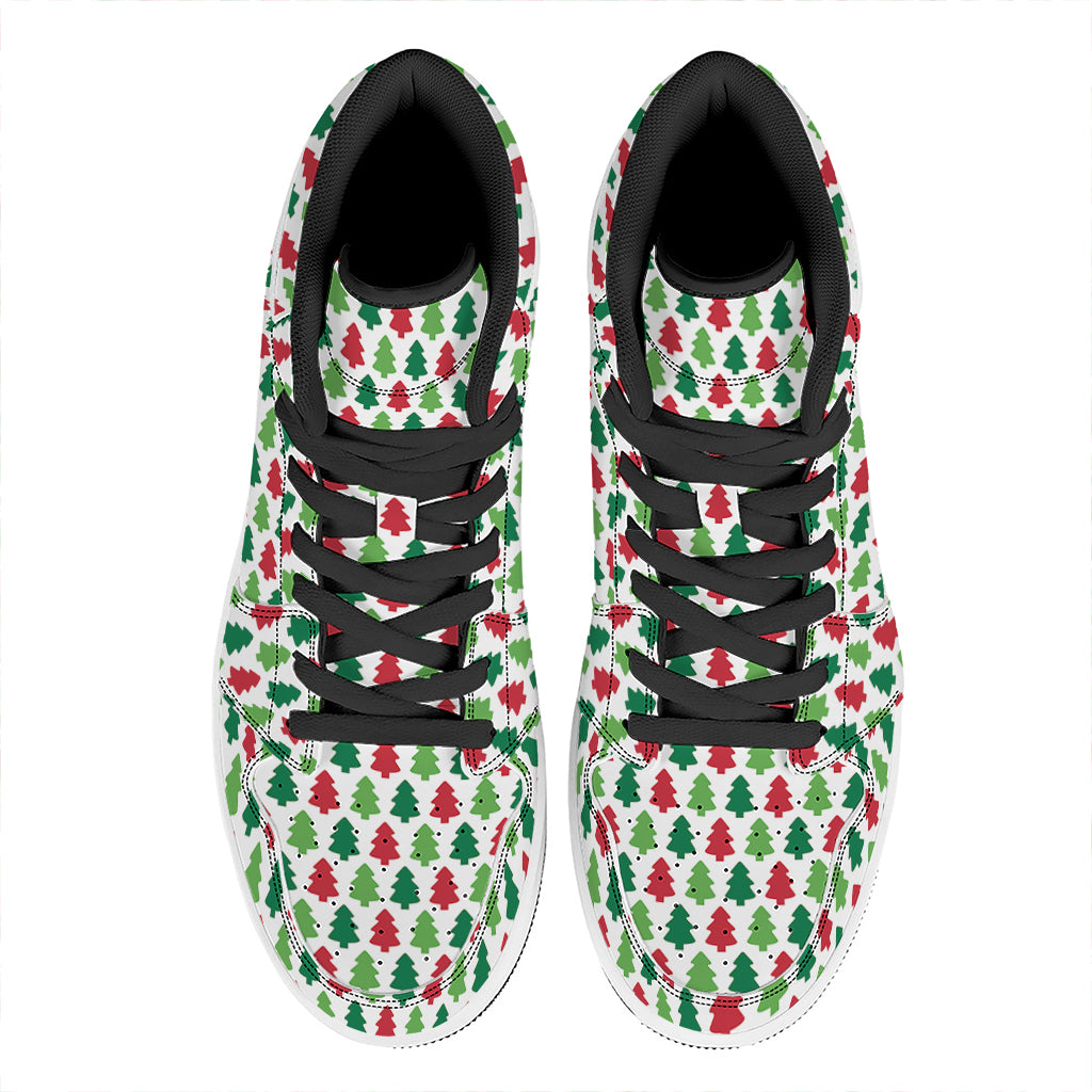 Christmas High Top Leather Sneakers with Festive Tree Print