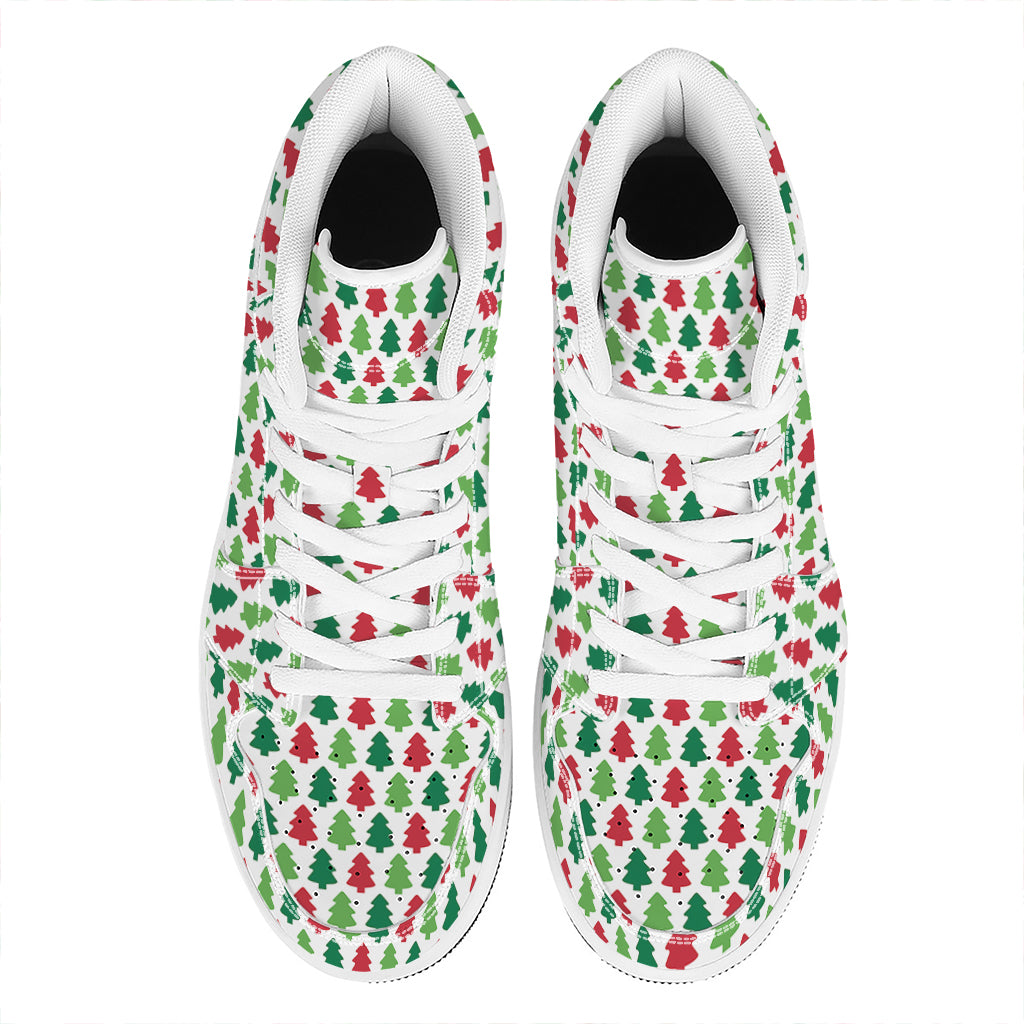 Christmas High Top Leather Sneakers with Festive Tree Print