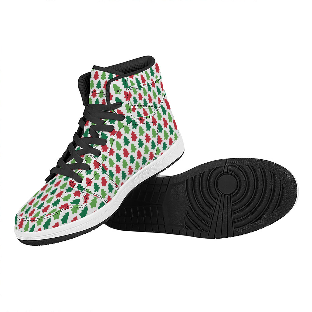 Christmas High Top Leather Sneakers with Festive Tree Print