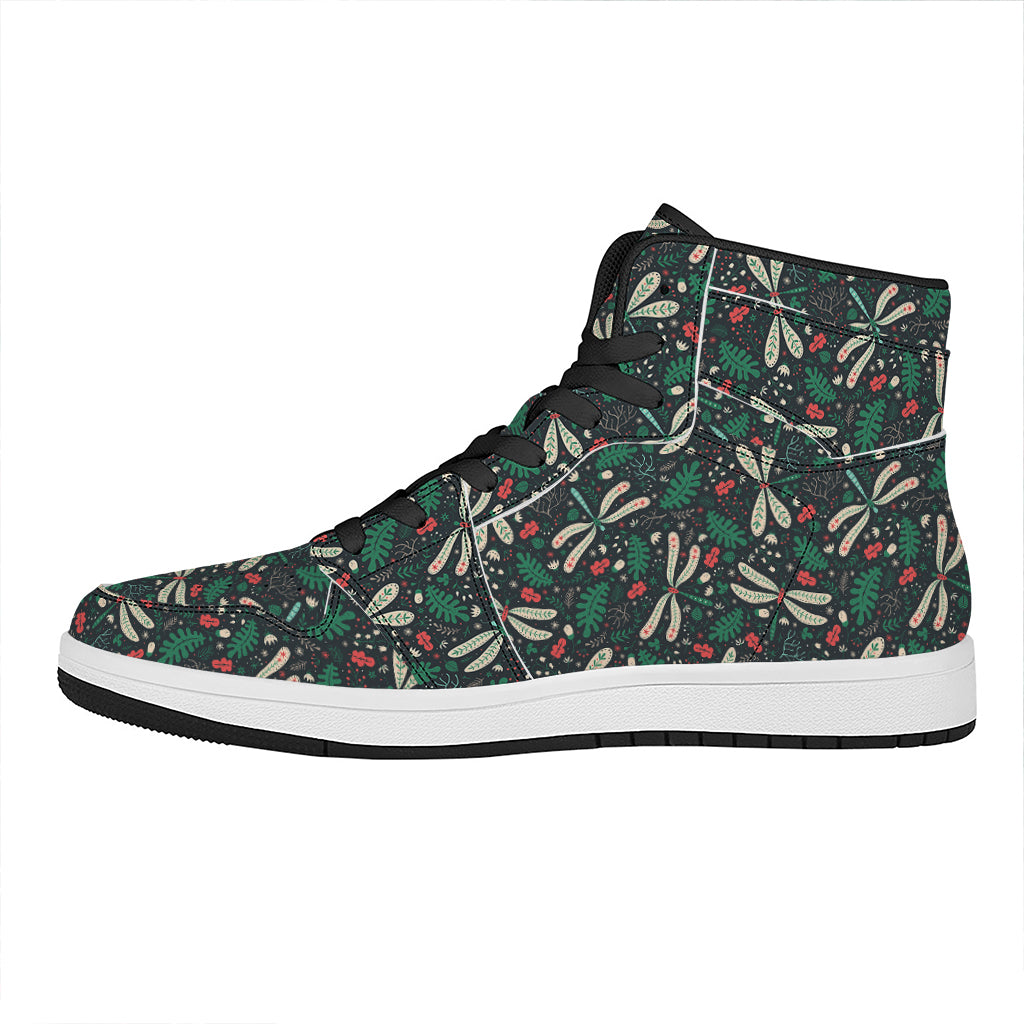 Christmas High Top Leather Sneakers with Floral Dragonfly Design