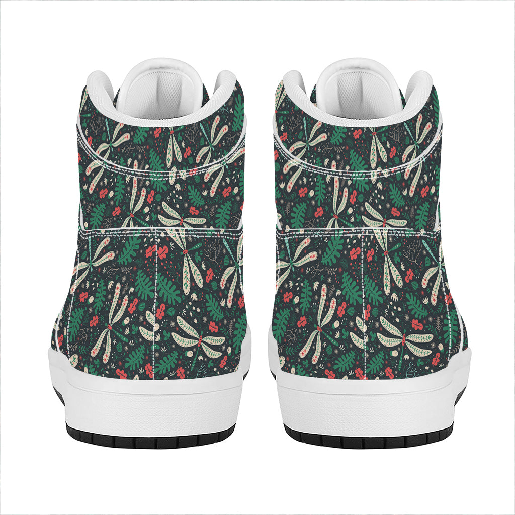 Christmas High Top Leather Sneakers with Floral Dragonfly Design