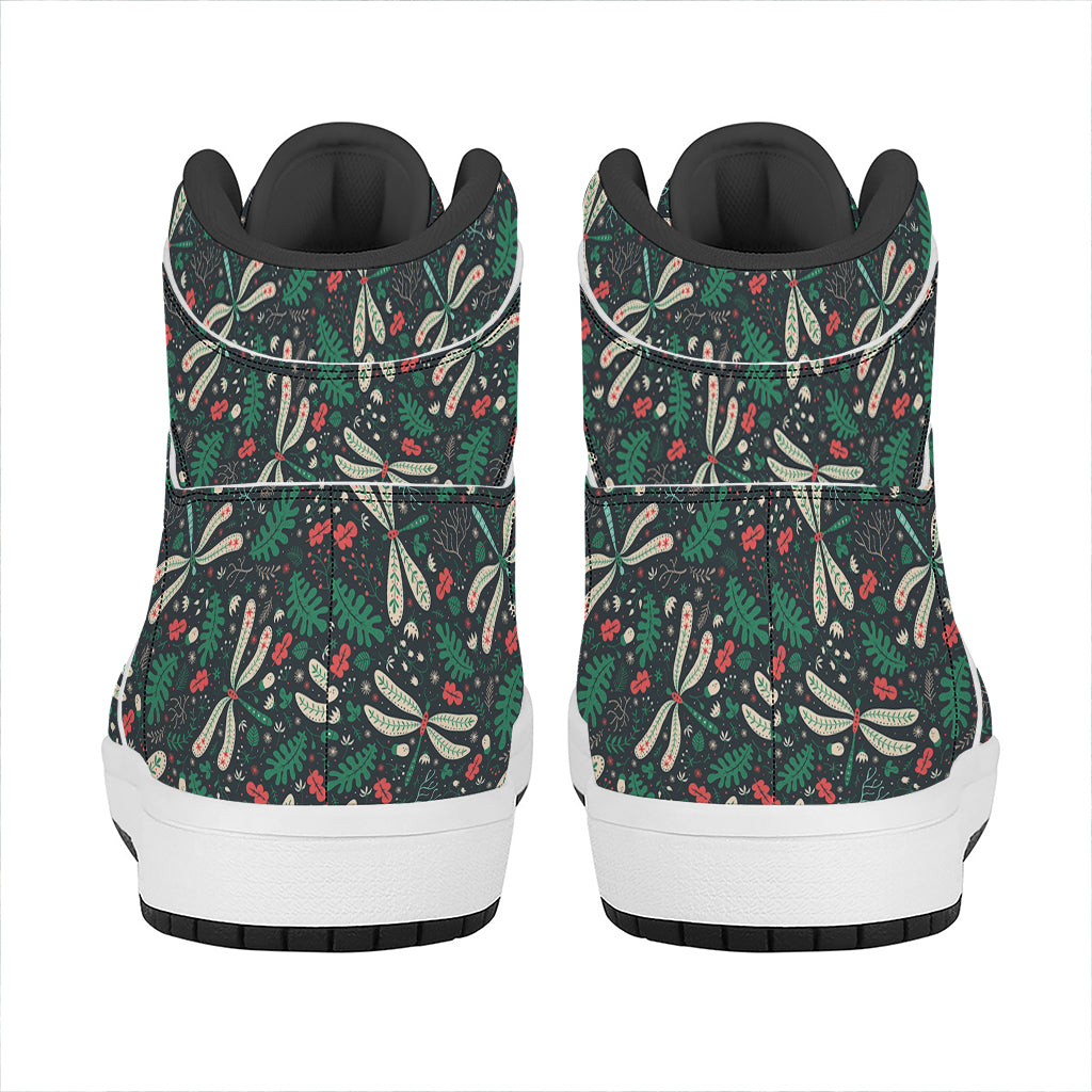 Christmas High Top Leather Sneakers with Floral Dragonfly Design