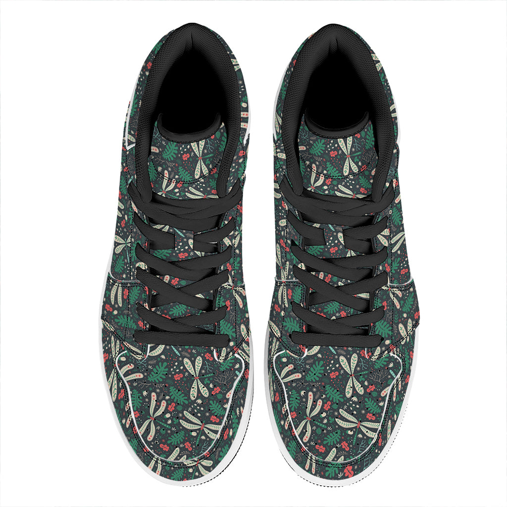 Christmas High Top Leather Sneakers with Floral Dragonfly Design