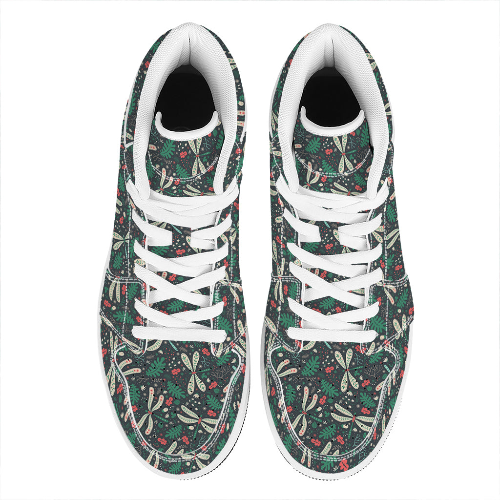 Christmas High Top Leather Sneakers with Floral Dragonfly Design