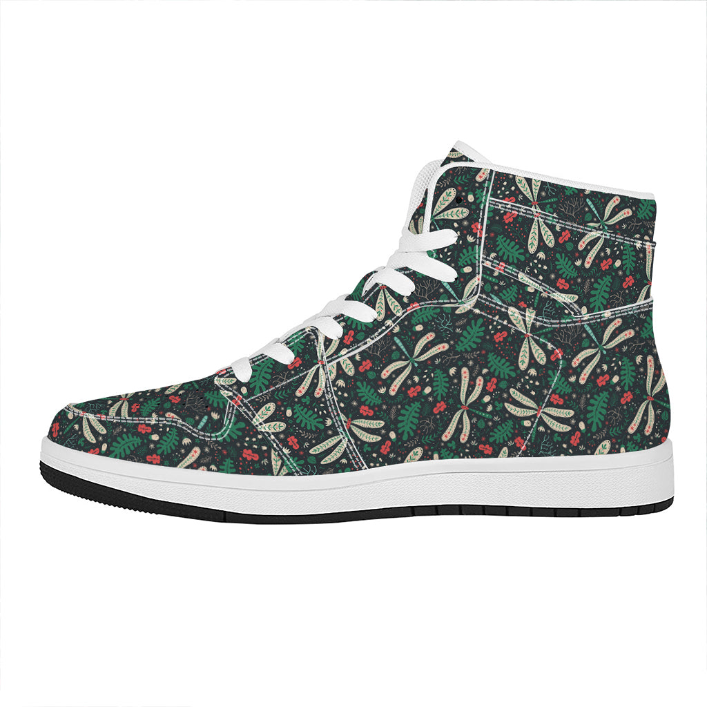 Christmas High Top Leather Sneakers with Floral Dragonfly Design