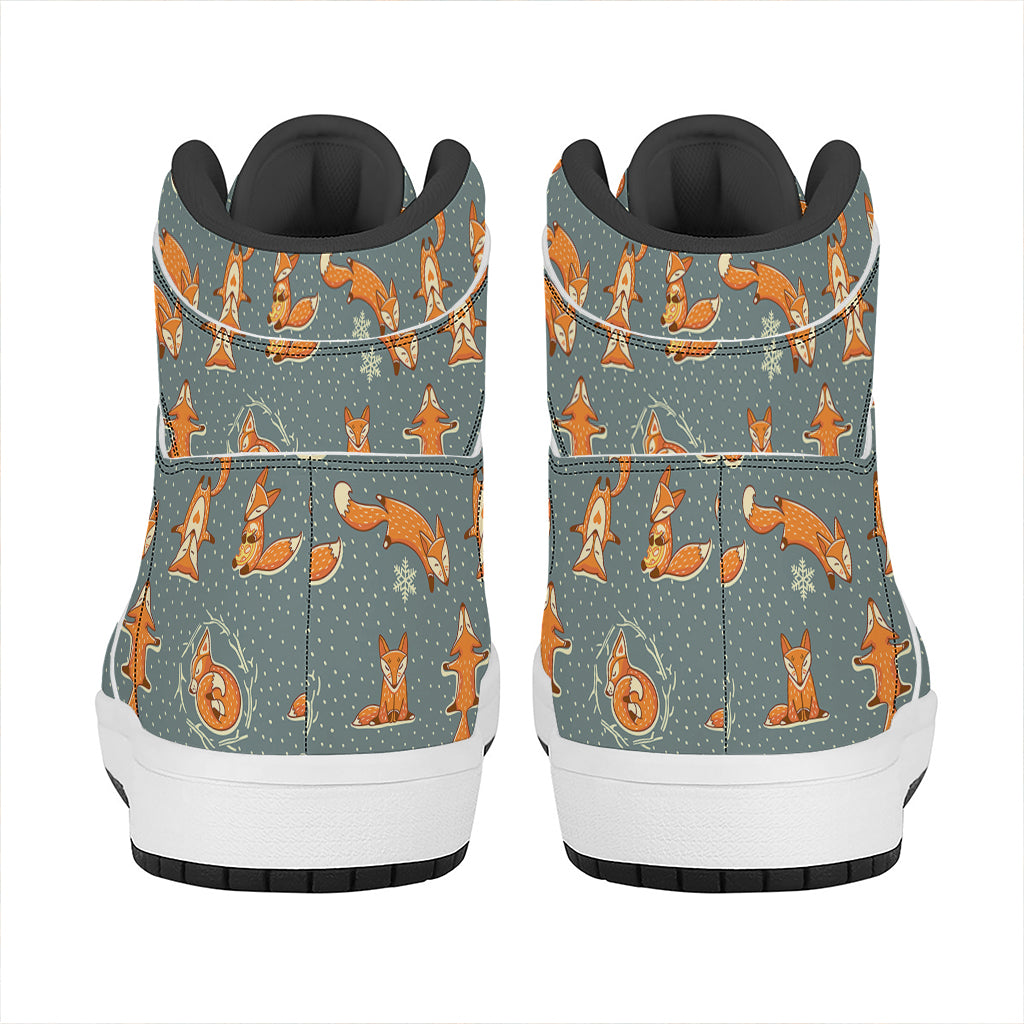 Christmas High Top Leather Sneakers with Fox Pattern Print