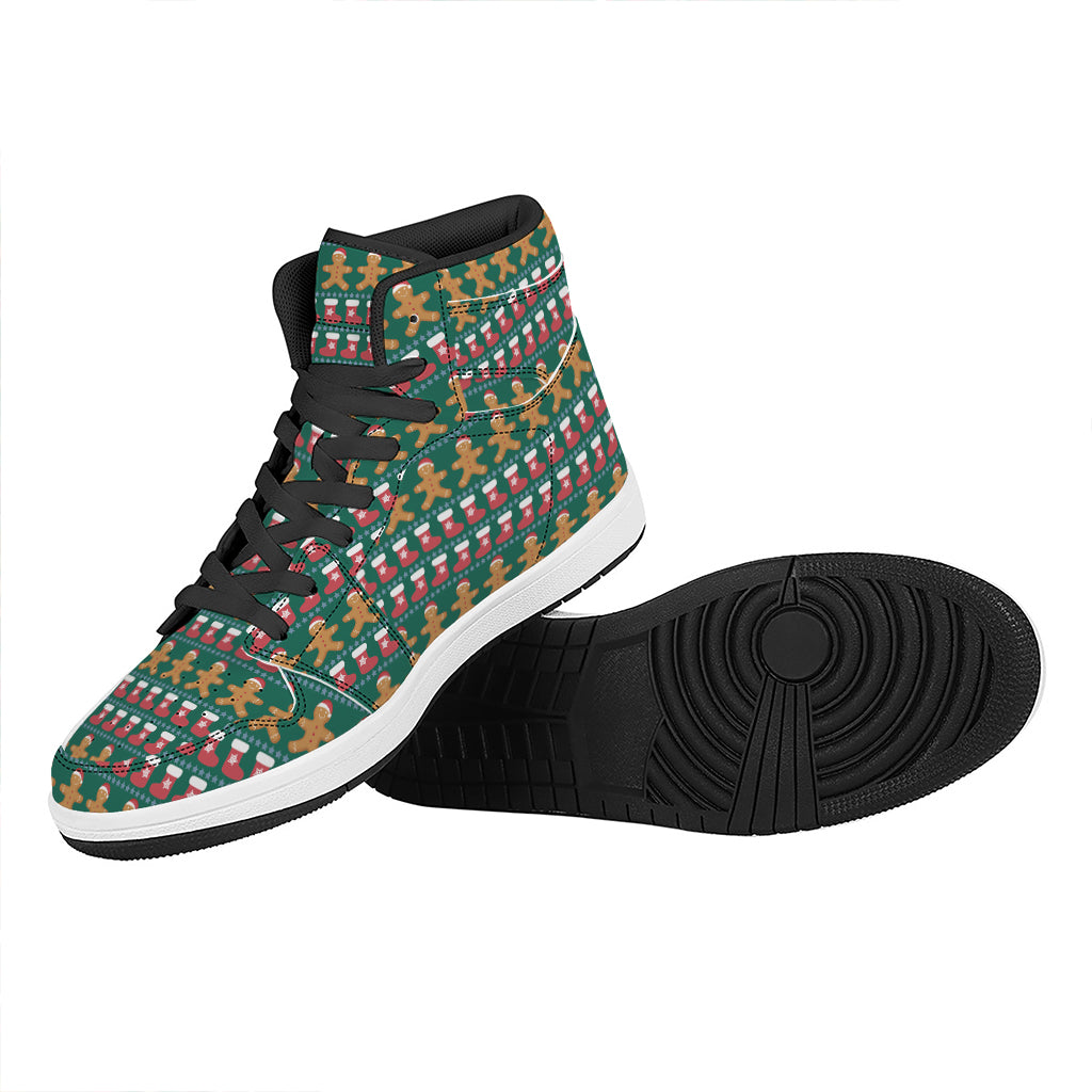 Christmas High Top Leather Sneakers with Gingerbread Man Design