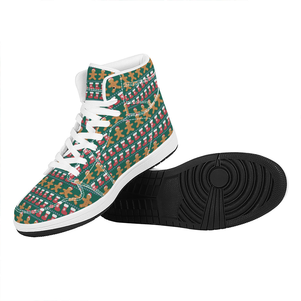 Christmas High Top Leather Sneakers with Gingerbread Man Design