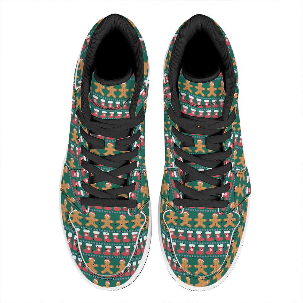 Christmas High Top Leather Sneakers with Gingerbread Man Design