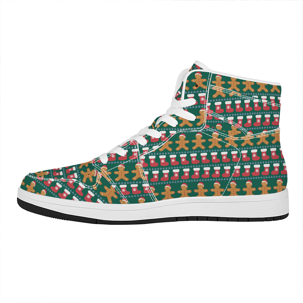 Christmas High Top Leather Sneakers with Gingerbread Man Design