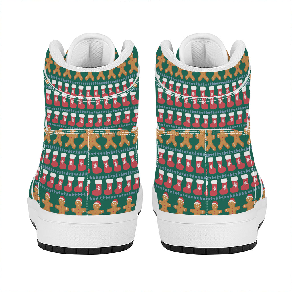 Christmas High Top Leather Sneakers with Gingerbread Man Design