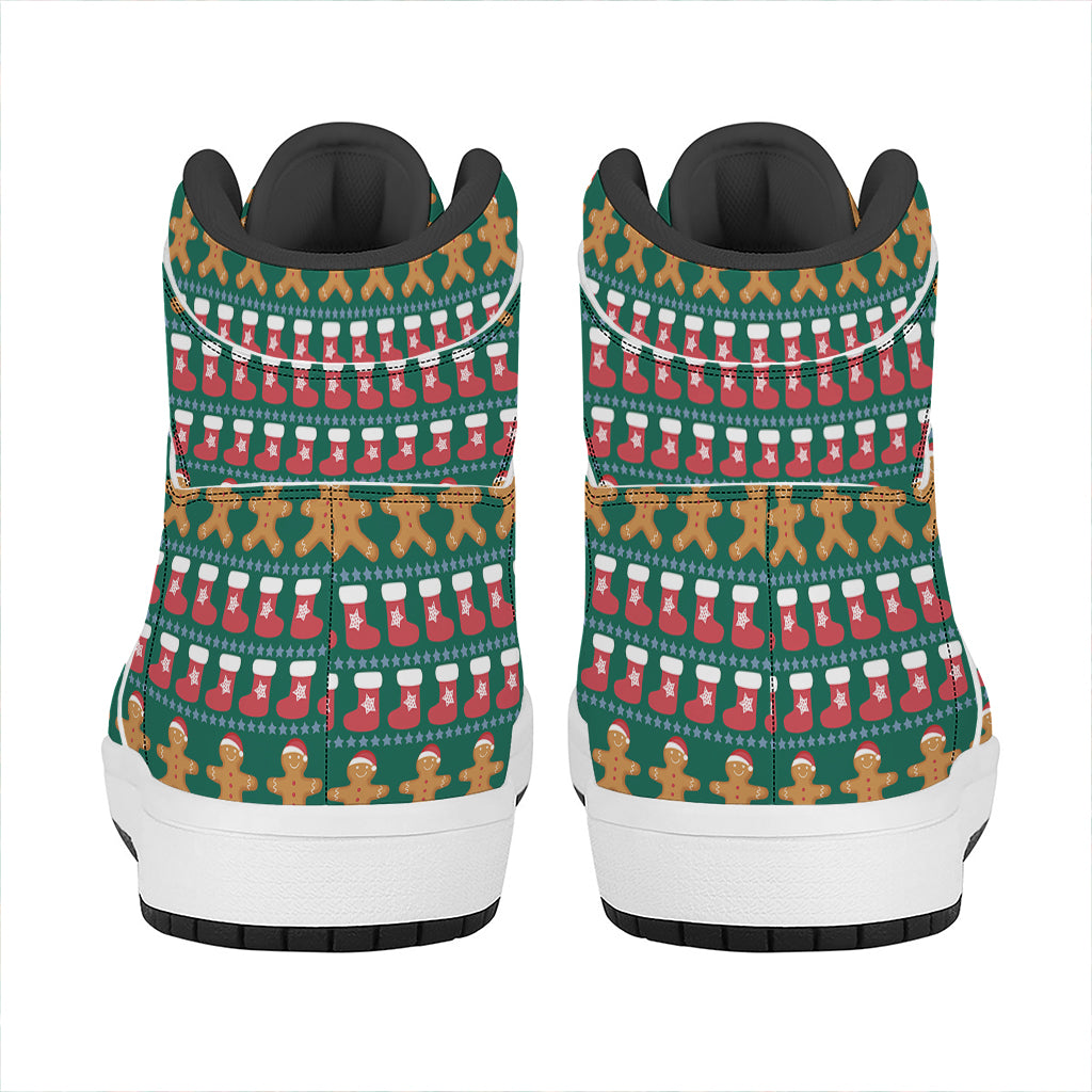 Christmas High Top Leather Sneakers with Gingerbread Man Design