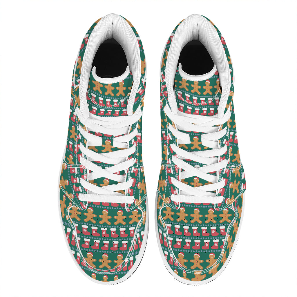 Christmas High Top Leather Sneakers with Gingerbread Man Design