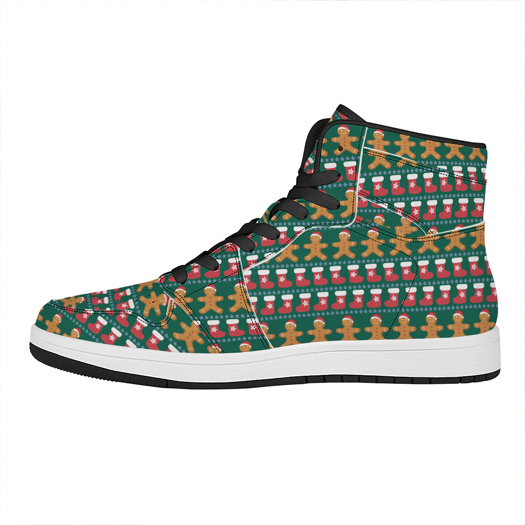 Christmas High Top Leather Sneakers with Gingerbread Man Design