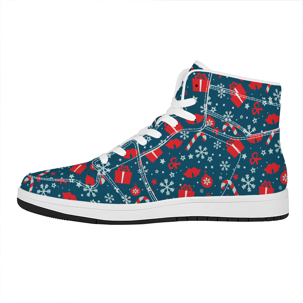 Christmas High Top Leather Sneakers with Holiday Elements Pattern