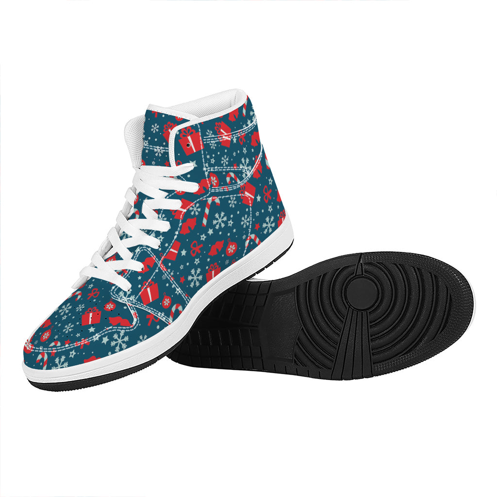 Christmas High Top Leather Sneakers with Holiday Elements Pattern