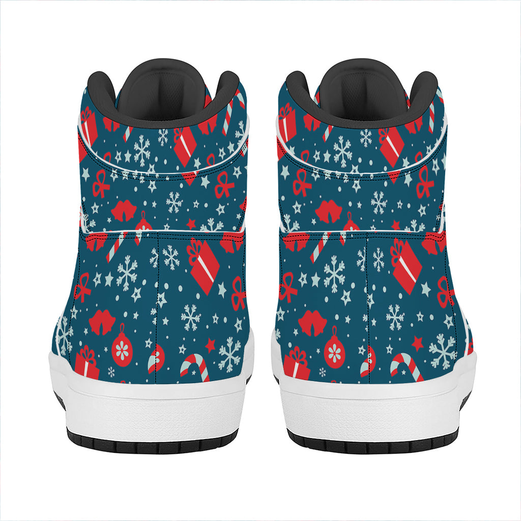 Christmas High Top Leather Sneakers with Holiday Elements Pattern