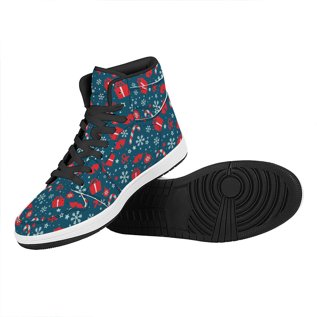 Christmas High Top Leather Sneakers with Holiday Elements Pattern