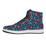 Christmas High Top Leather Sneakers with Holiday Elements Pattern