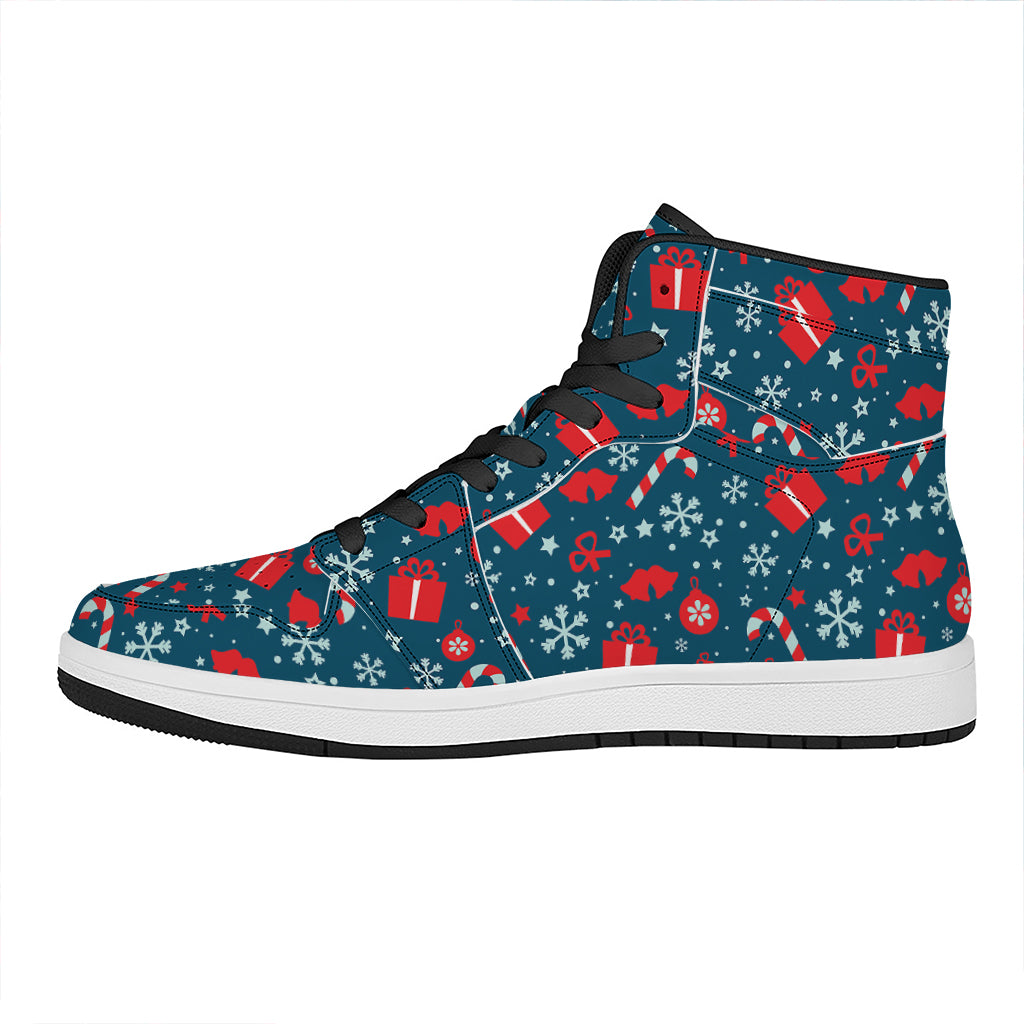 Christmas High Top Leather Sneakers with Holiday Elements Pattern