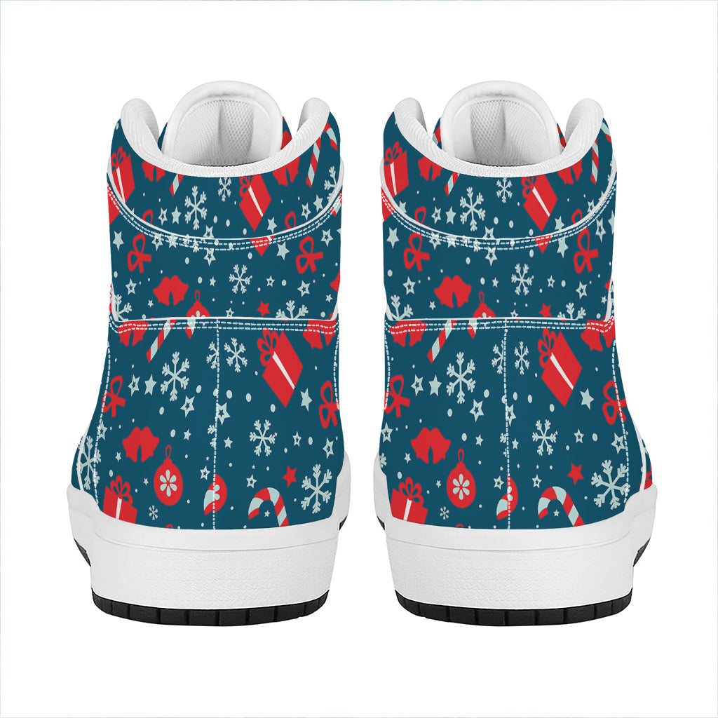 Christmas High Top Leather Sneakers with Holiday Elements Pattern