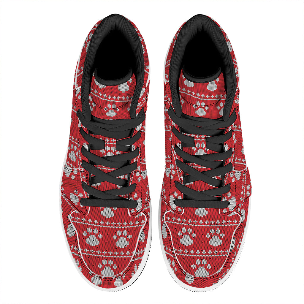 Christmas High Top Leather Sneakers with Knitted Paw Print Design